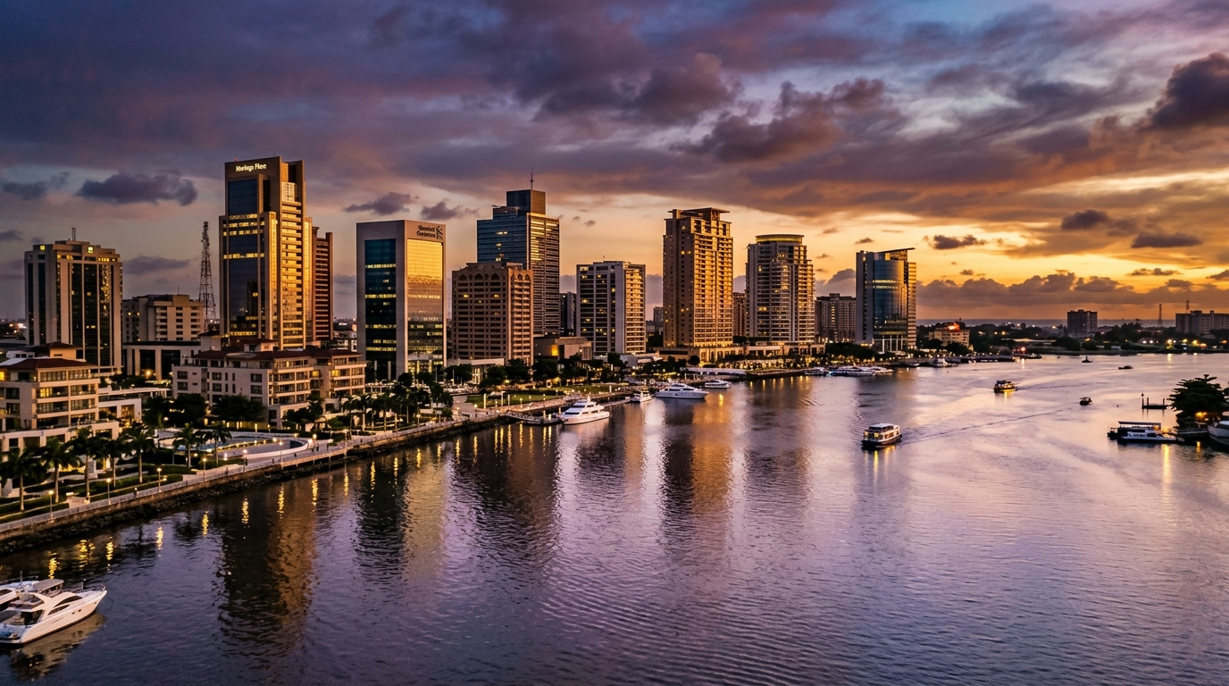 Lagos Ikoyi waterfront skyline at twilight golden hour